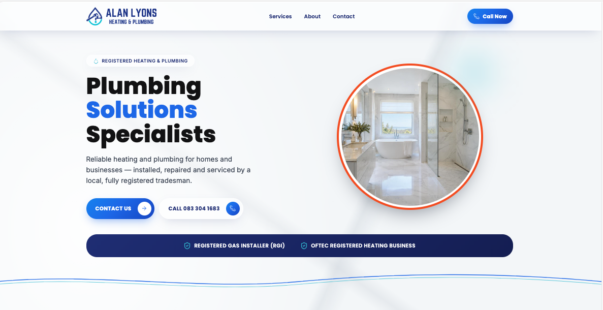 Alan Lyons Heating & Plumbing website: a blue headline reading Plumbing Solutions Specialists, a photo of a modern bathroom, and RGI and OFTEC accreditation badges