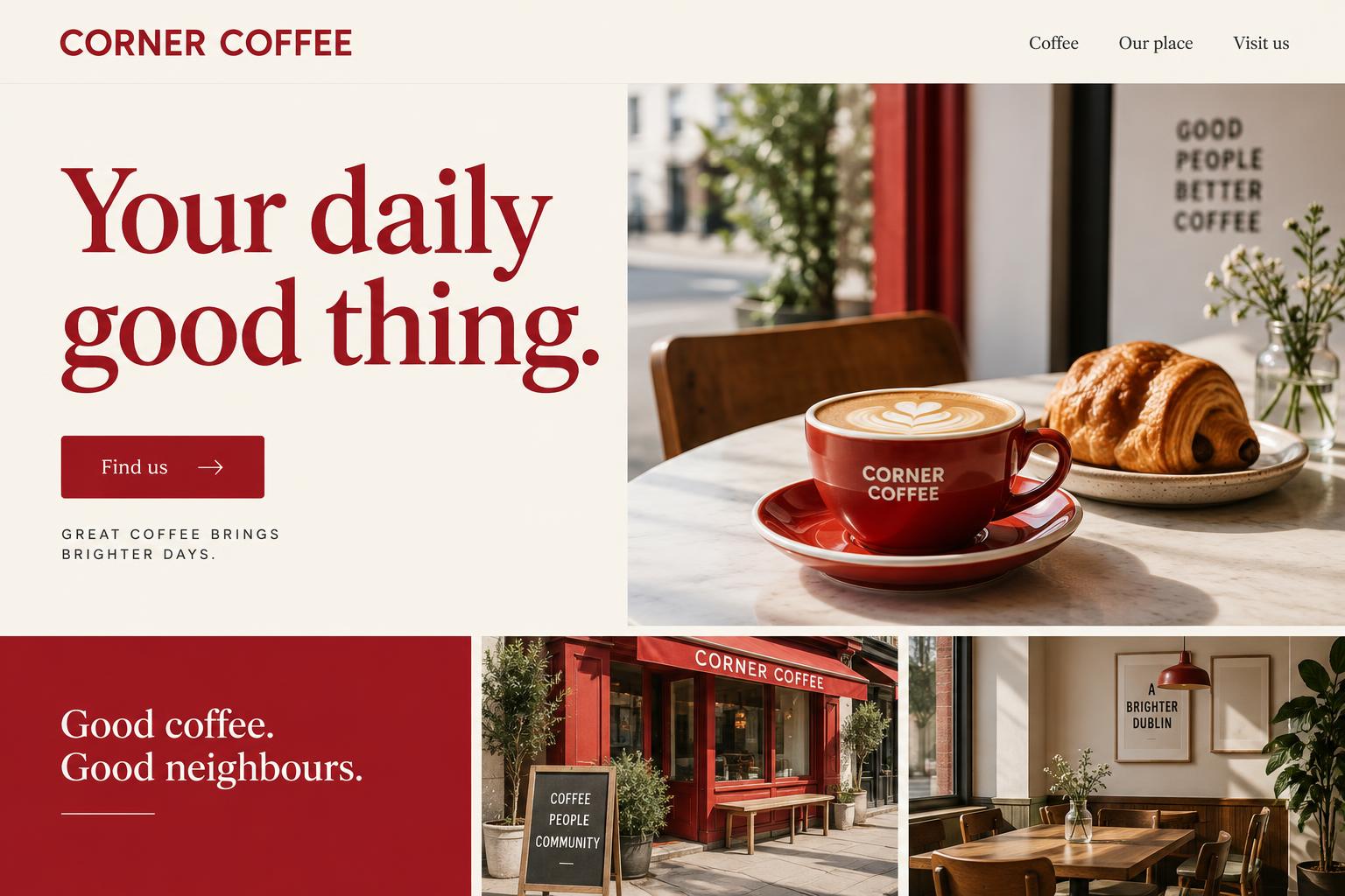 Corner Coffee website concept with red lettering, coffee and café photography