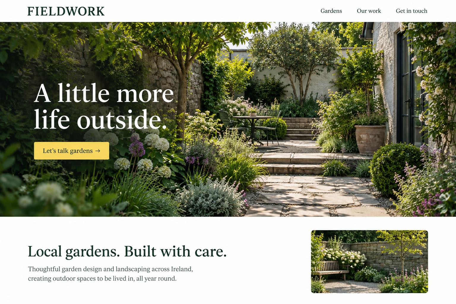 Fieldwork website concept with lush garden photography and green typography